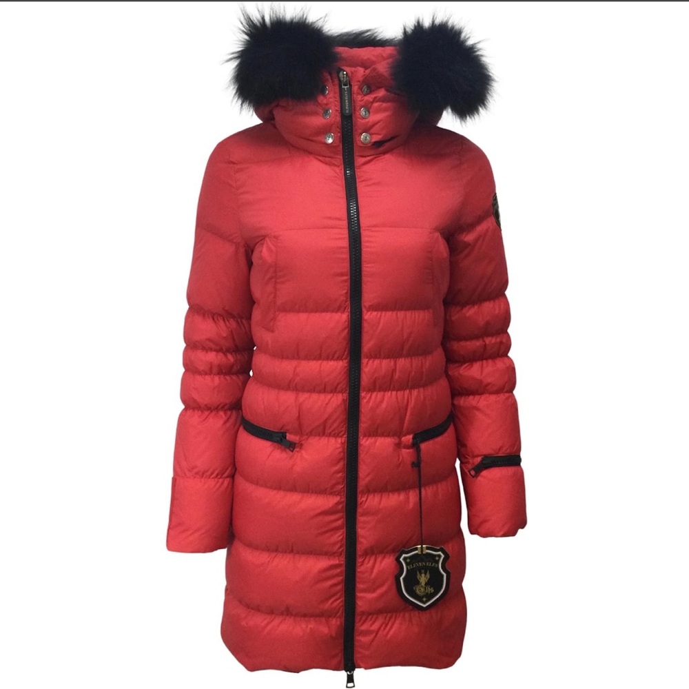 Women's Red Puffer Coat with Fur Trim